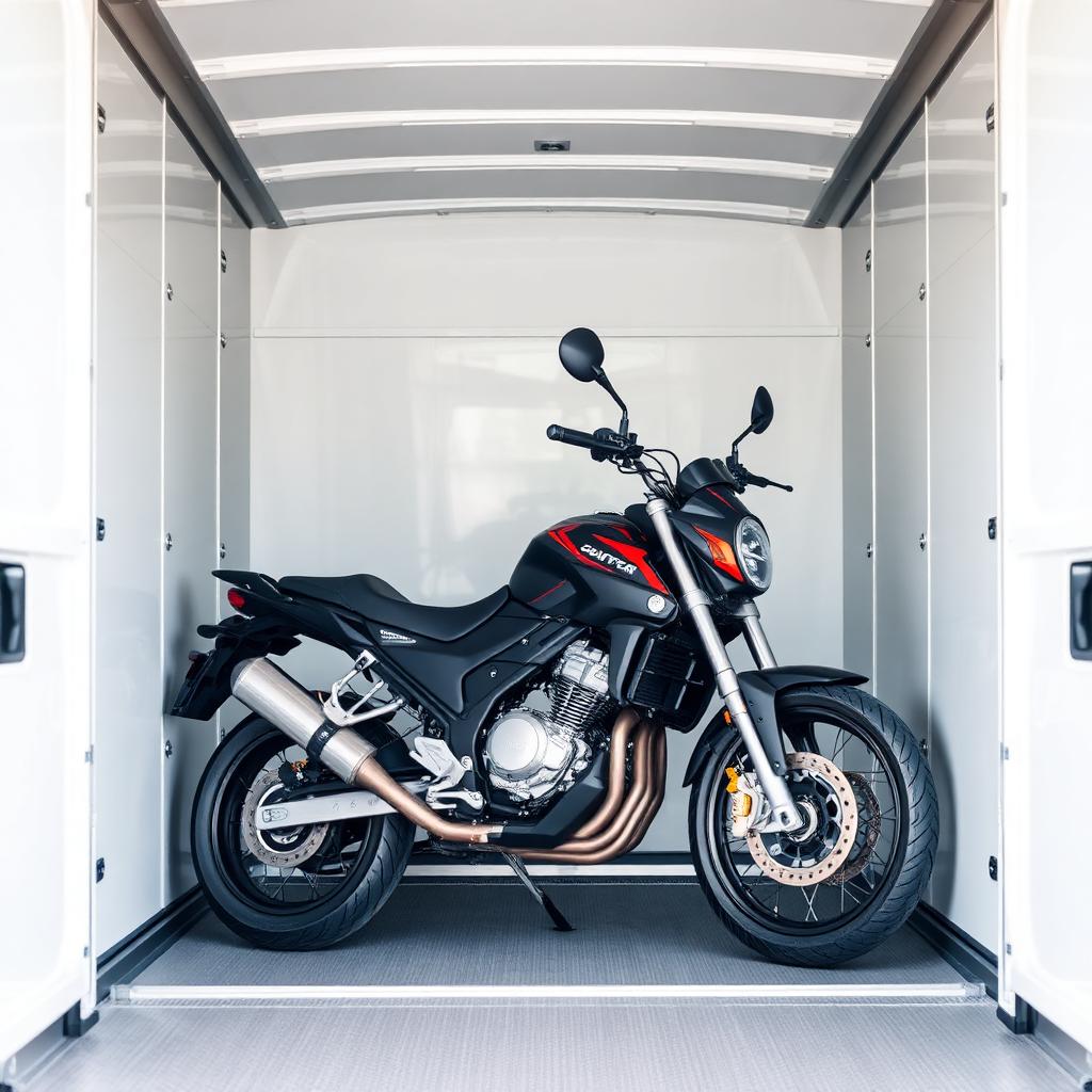 Moto sécurisée dans un camion de transport