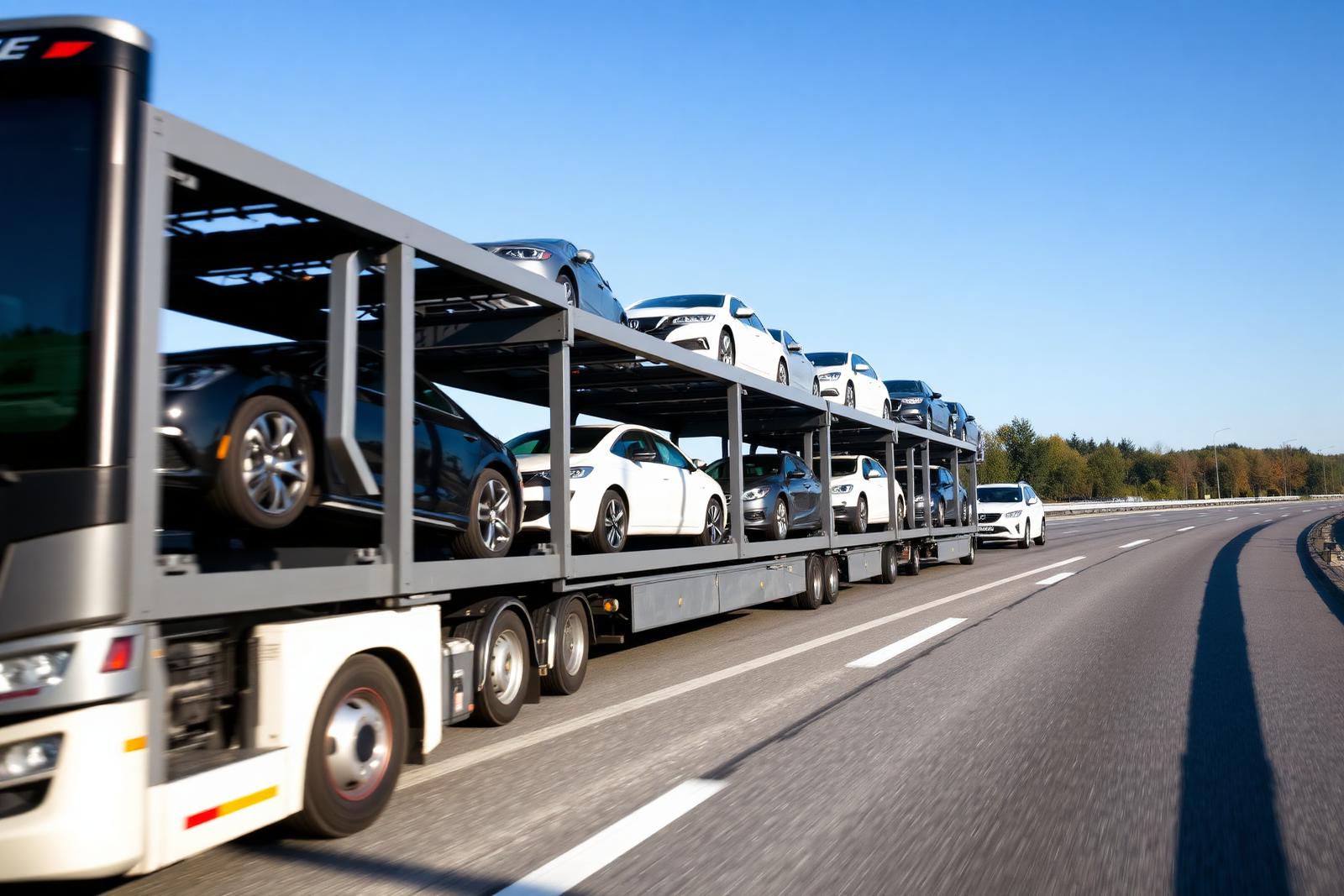 Camion porte-voitures transportant plusieurs véhicules sur autoroute